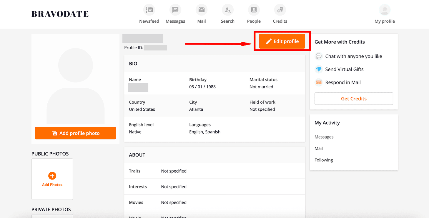 Edit bio in your profile on Bravodate.com